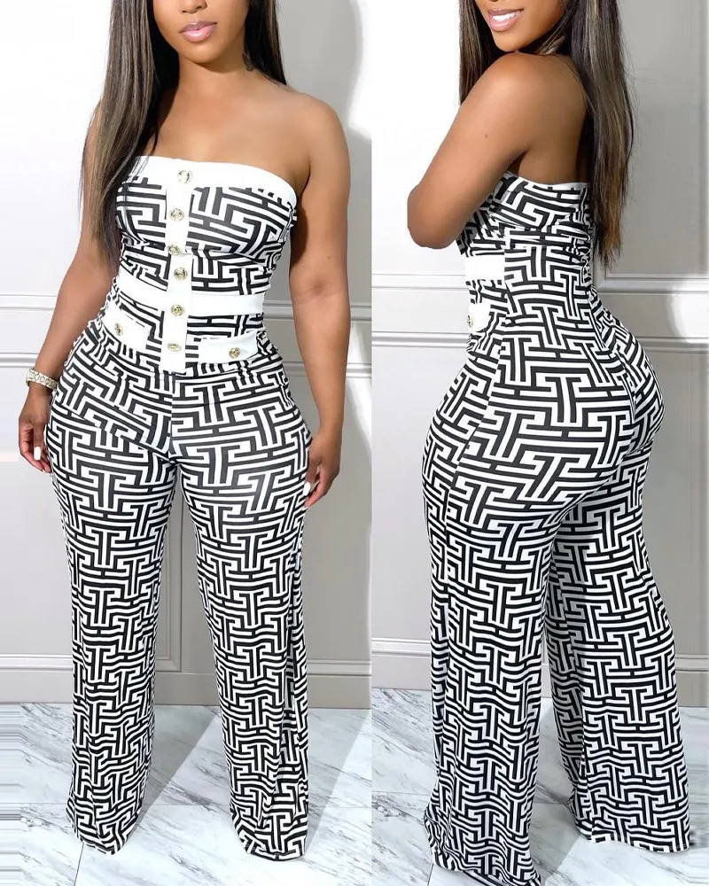 

Geometric Print Button Decor Tube Jumpsuit High Waist Sleeveless Strapless Fashion Casual Loose Wide Leg Pants Jumpsuit Overall
