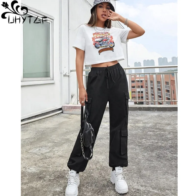 UHYTGF Spring Cargo Pants Women Lace-Up Elastic Waist Multi-Pocket Overalls Loose Straight Leg Bunched Feet New Ladie Trousers12