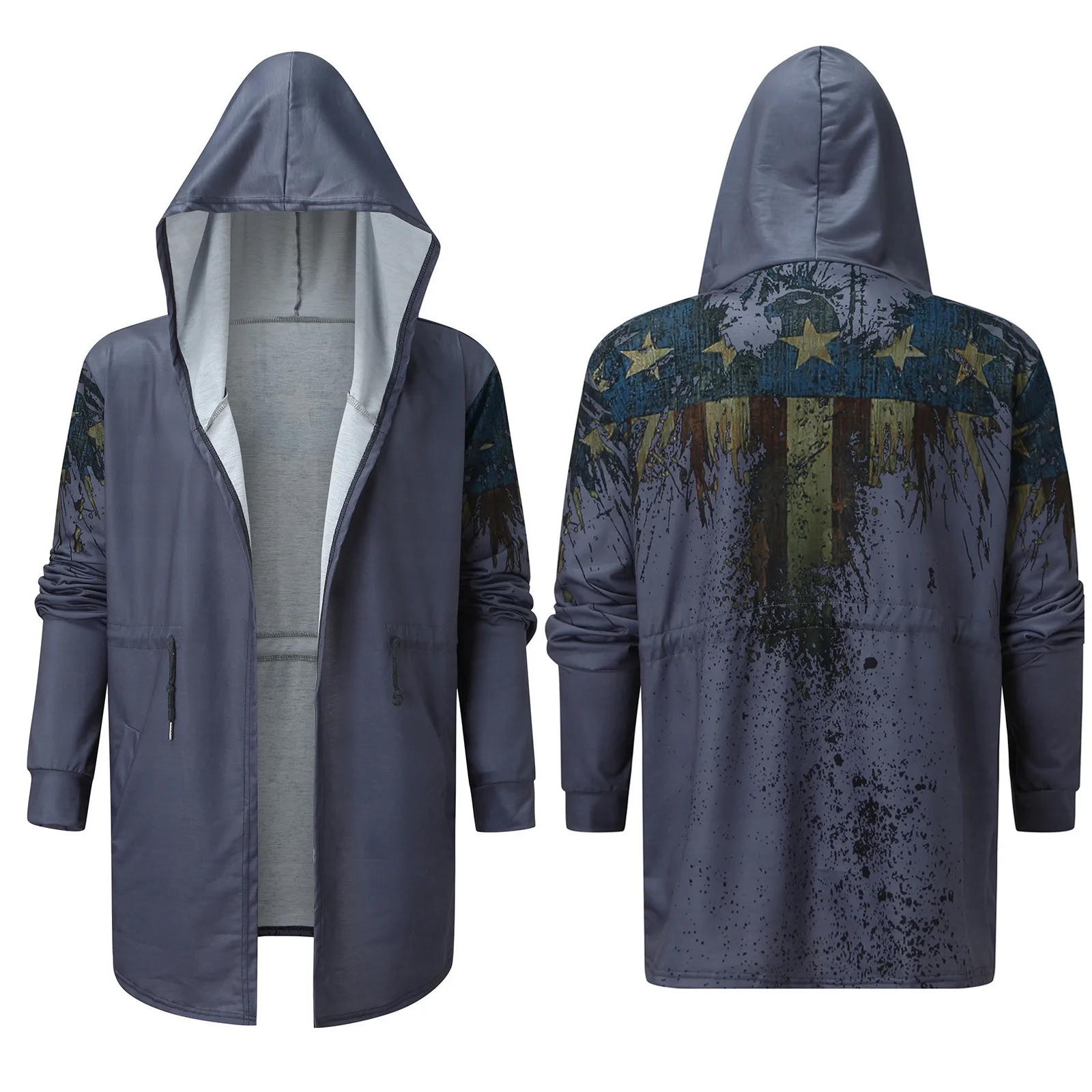 

Мужская Повседневная Длинная Куртка с капюшоном, легкий Свободный кардиган с длинными рукавами, принтом и карманами на кулиске