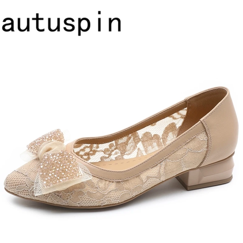 

Autuspin 3.5cm Fashion Women Lace Shoes Summer Autumn Breathable Shallow Pumps Ladies Office Working Genuine Leather Thick Heels