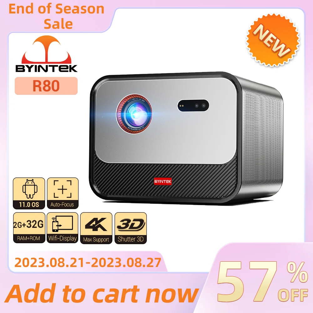 BYINTEK R80 Full HD 3D 4K 300inch Cinema AI LAsEr Auto Focus Smart Android WiFi Portable LED DLP Home theater Video Projector