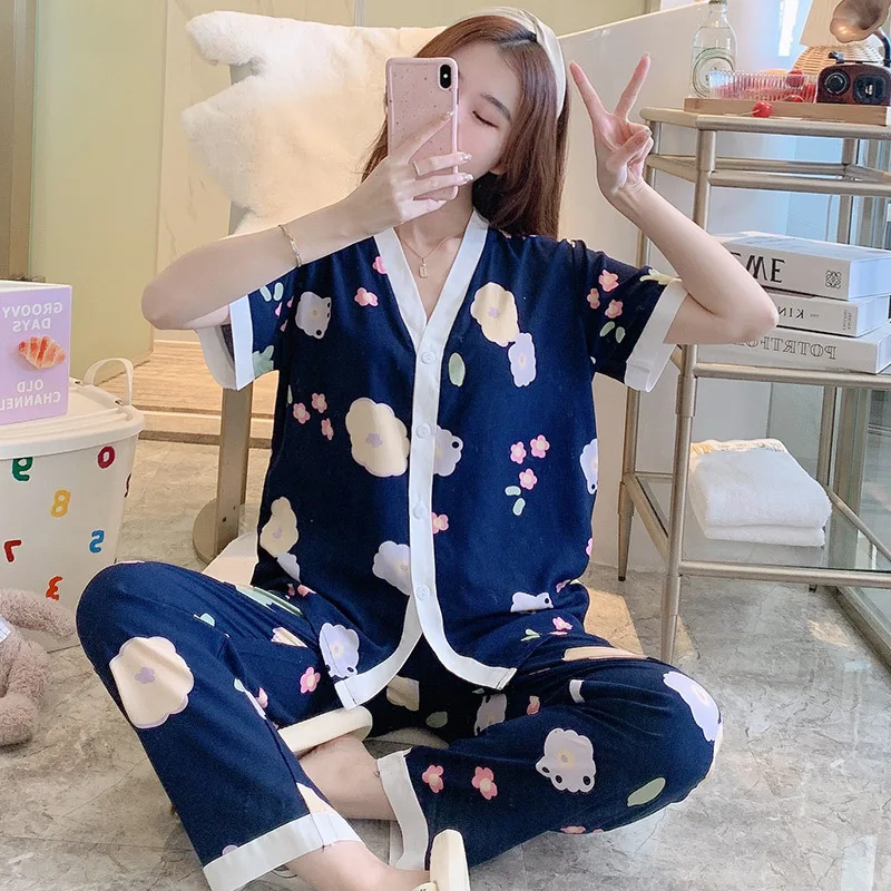 Womens Thin Cotton Pajamas Set  Pyjamas Set Ladies Super Soft Sleepwear Short Sleeve Button Down Nightwear with Long Pants 2pcs