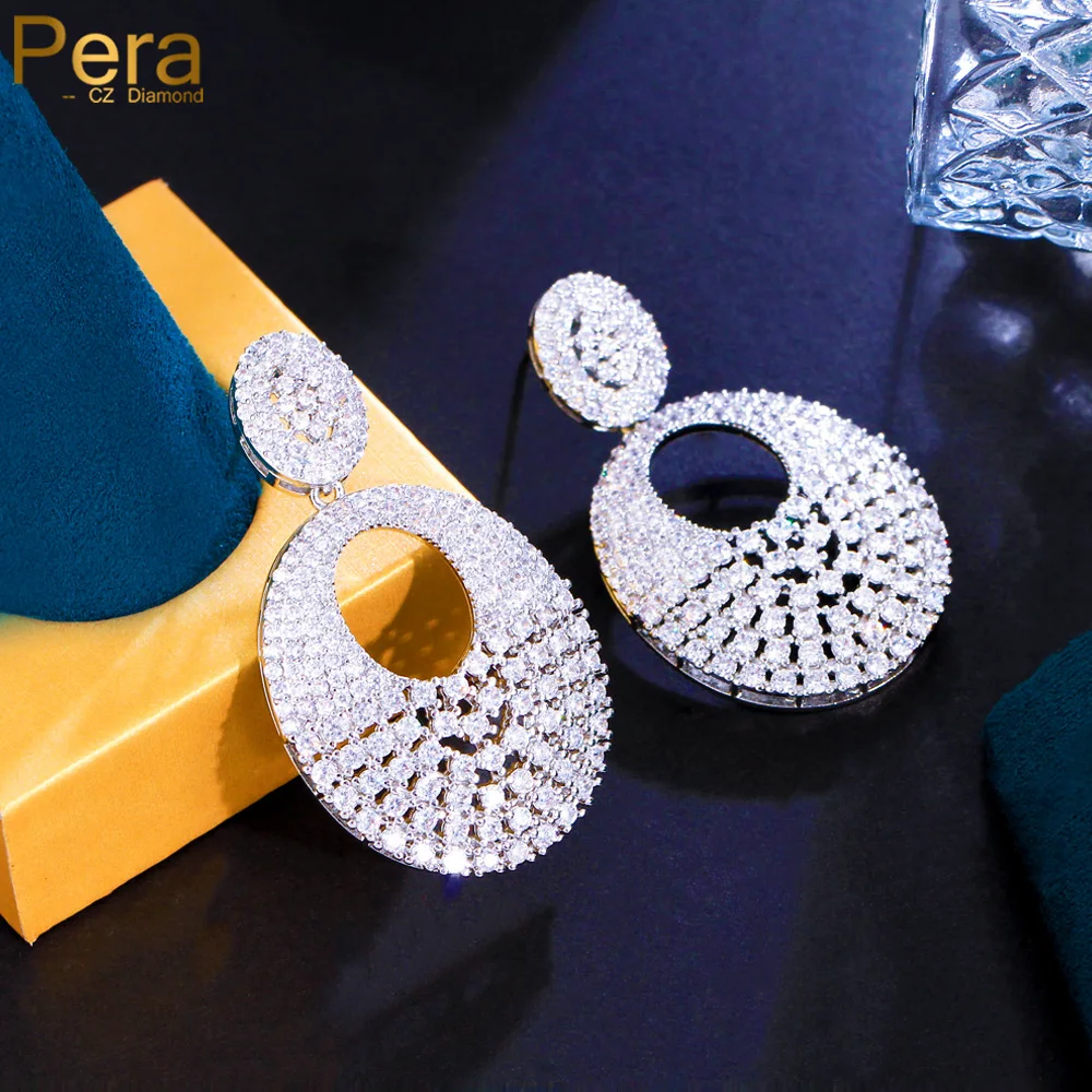 

Pera CZ Exclusive Design White Gold Color Cubic Zircon Long Big Round Drop Dangle Earrings for Bridal Wedding Brand Jewelry E410
