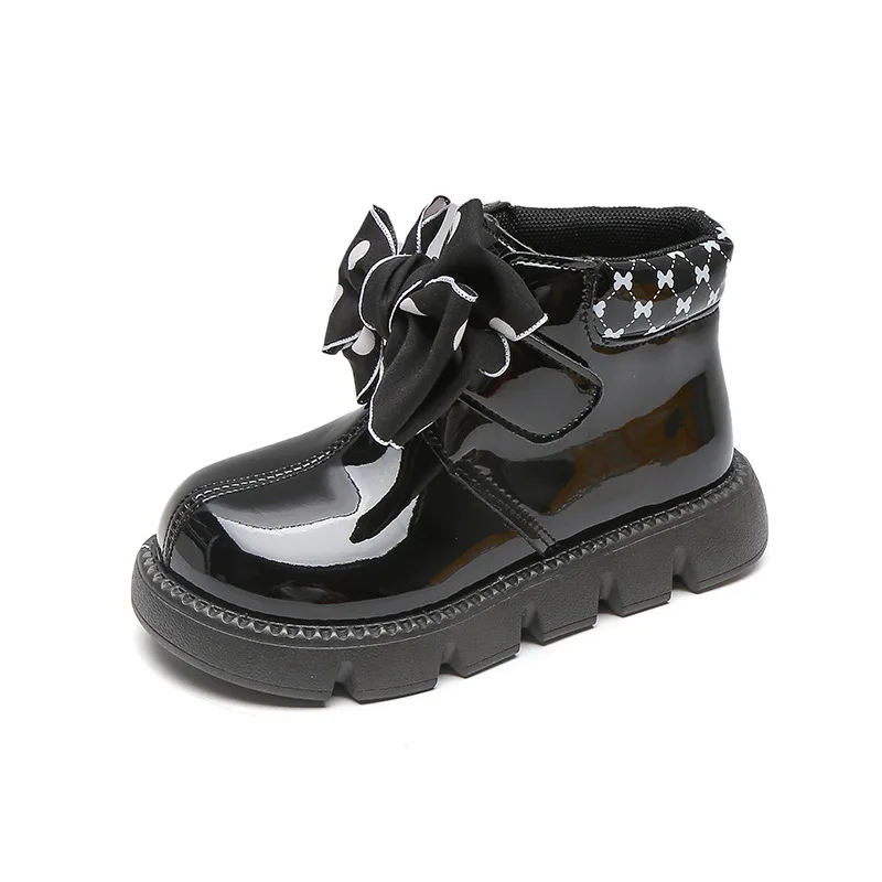 Girl's Winter Boots Sweet Butterfly-knot Plush Lovely Kids Short Boot Chunky Light Leather Black White 26-36 Children Shoes enlarge