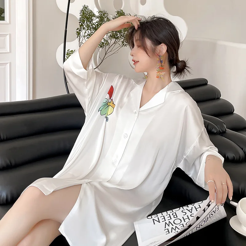 

Lapel Nightgown Rayon Sleepwear Women Short Nightdress Floral Homewear Sweet Sleepshirt Sexy Home Dresses Gown Intimate Lingerie