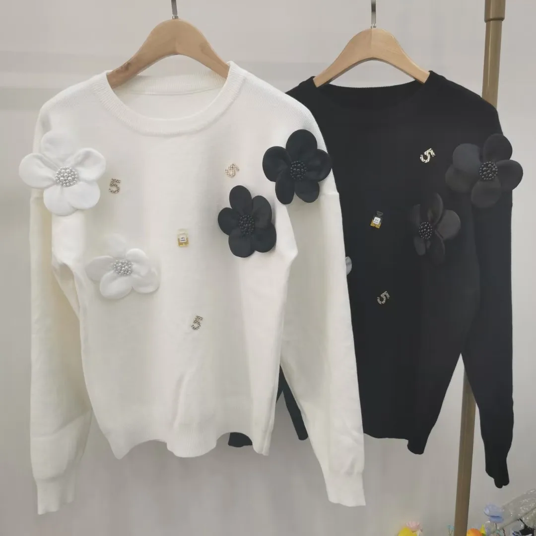 

GTGYFF Vintage Cardigans With Stereoscopic Camellia Flower Solid White Black Ladies Loose Oversize Long Sleeve Knitted Jacket