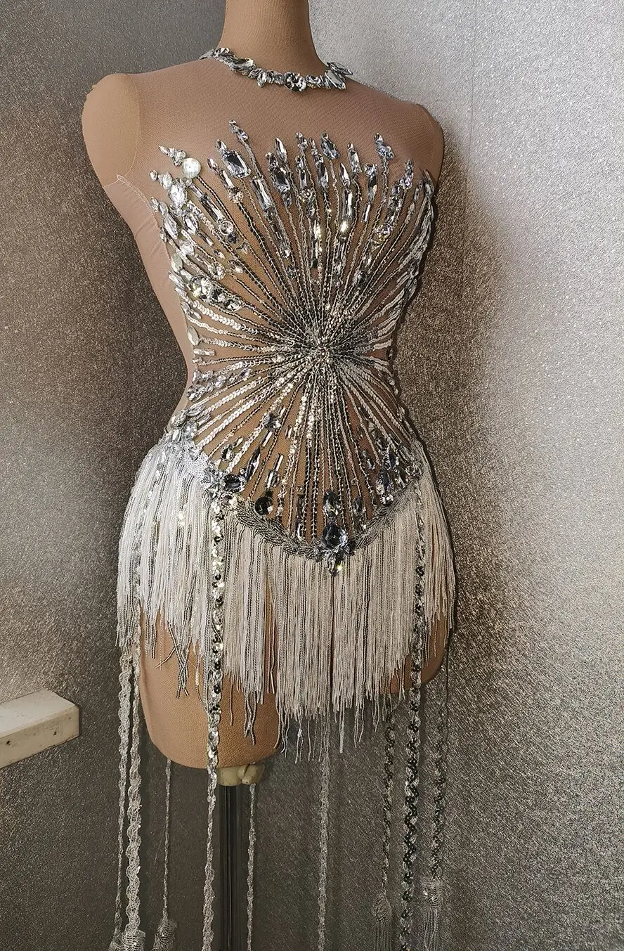 

Sparkly Crystals Sequins Fringes Costume Women Dancer Show Outfit Transparent Bodysuit Dress Evening Birthday Celebrate