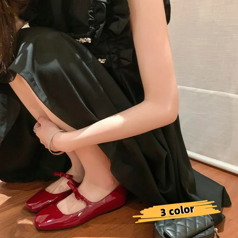 Ballet Falts Shoes for Women Bow Tie Elegant Women's Loafers Shoes with Low Heels Black Leather Mary Janes Desinger Shoes Ladies