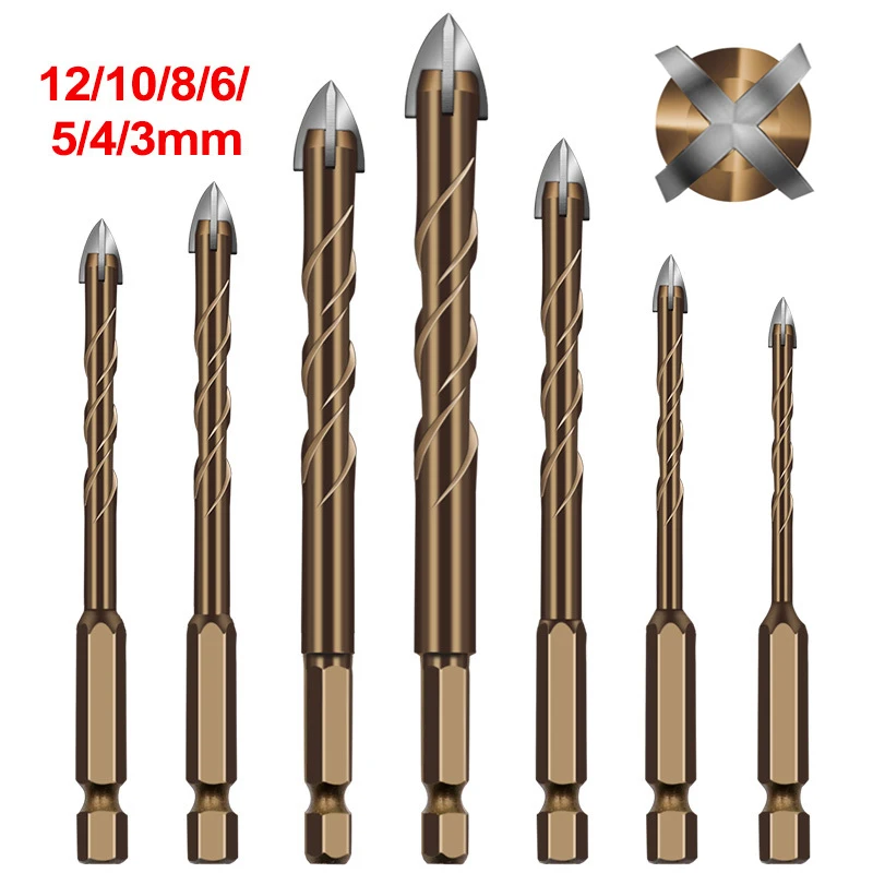 7pcs/set Carbide Cross Bits 3-12mm Hex Shank Spiral Fluted Four Edge Drill Set for Cement Wood Ceramic Marble Glass Drilling