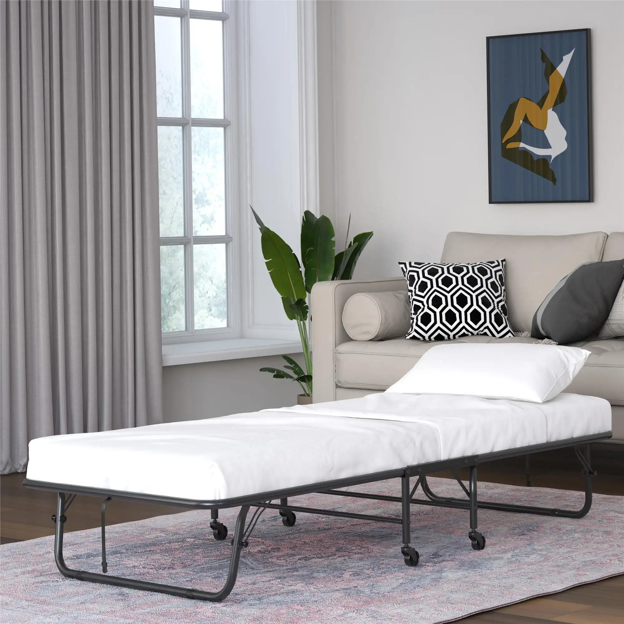 

Folding Rollaway Guest Bed with 4 Inch Mattress, Single, Black