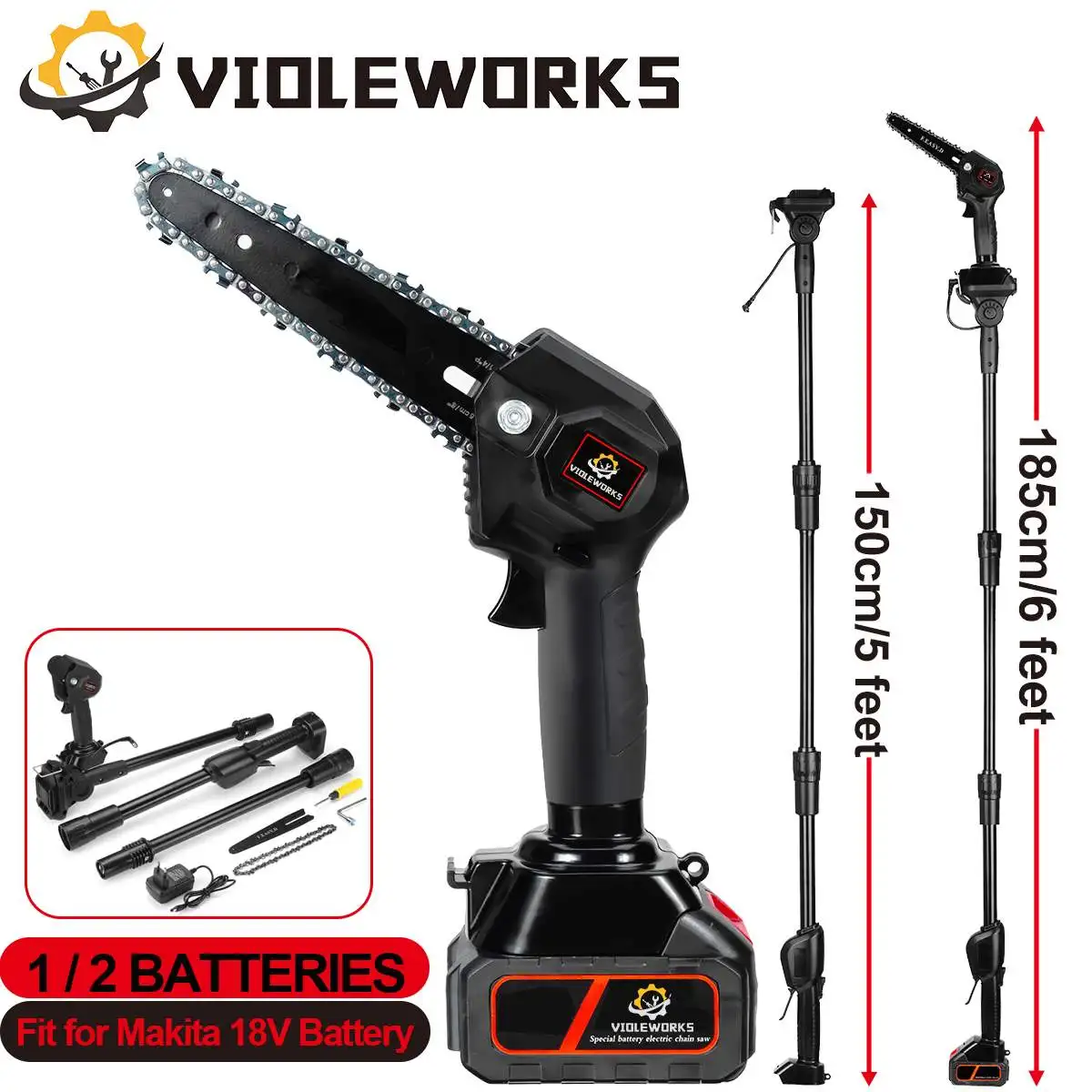 36V Telescoping Pole Electric Chainsaw 15000mAh Li-ion Battery Cordless Garden Tree Pruning Tool High Branch Saw for Makita 18V