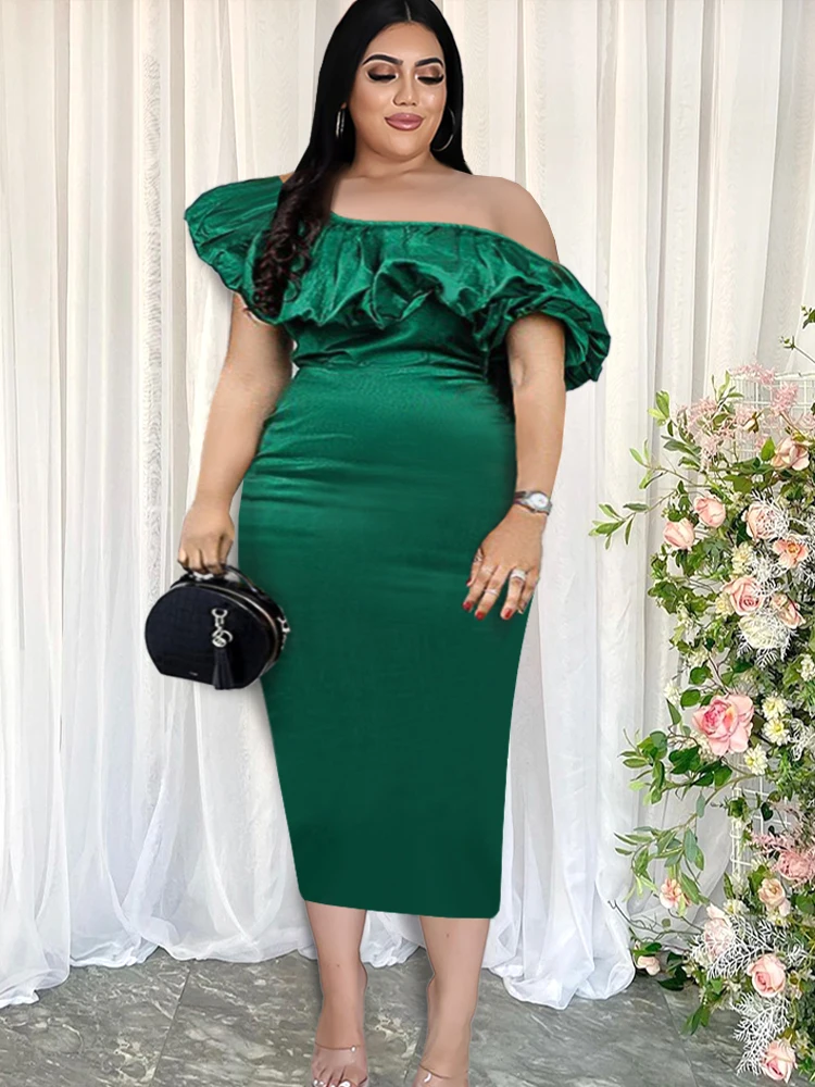 

Irregular Ruffles Party Dresses Plus Size Green Shiny Bodycon Midi Length Evening Birthday Club Party Outfits for Ladies Summer