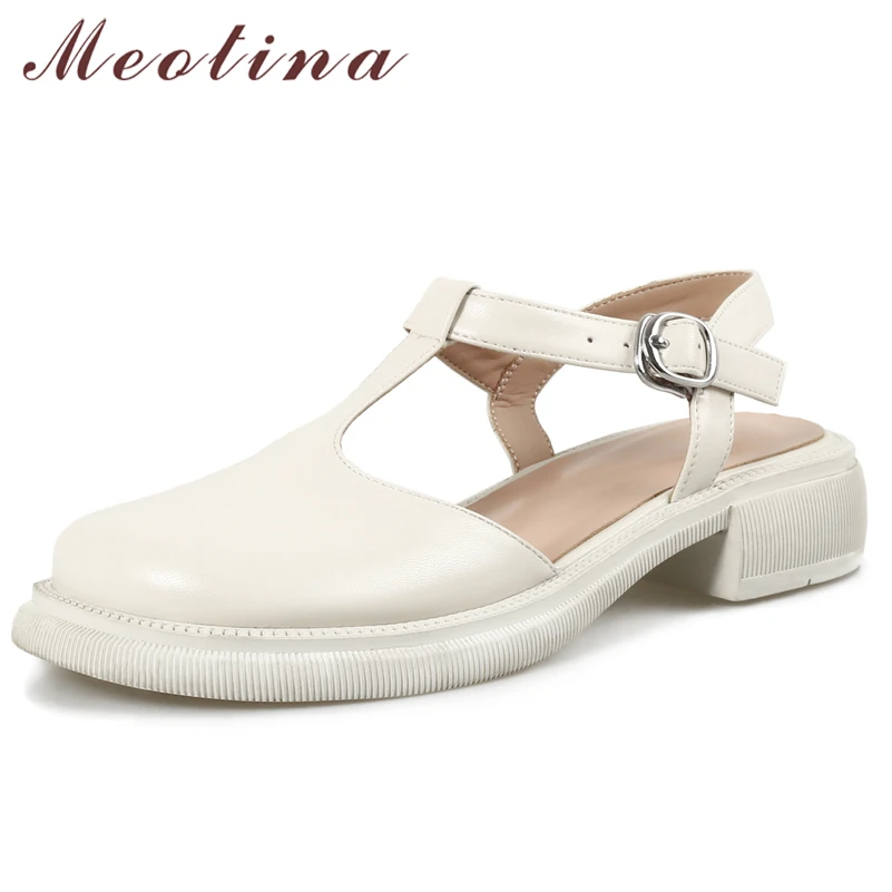 

Meotina Women Shoes Genuine Leather Slingbacks Thick Heels Pumps Buckle T-stap Mid Heel Ladies Footwear Spring Apricot White 39
