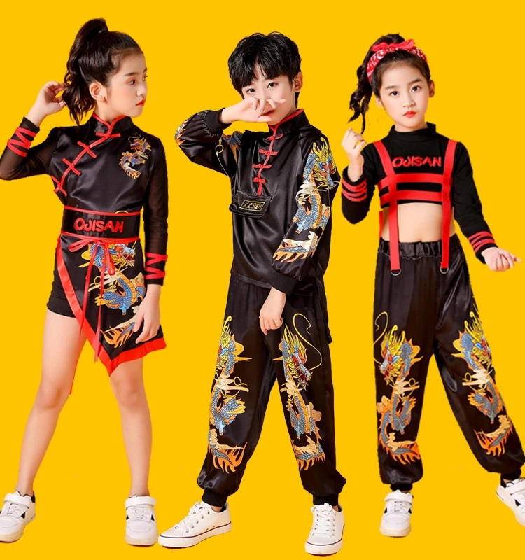 

Детский костюм для выступлений в китайском стиле для мальчиков, комплект в стиле хип-хоп, костюм для джазовых танцев для девочек, костюм для подиума
