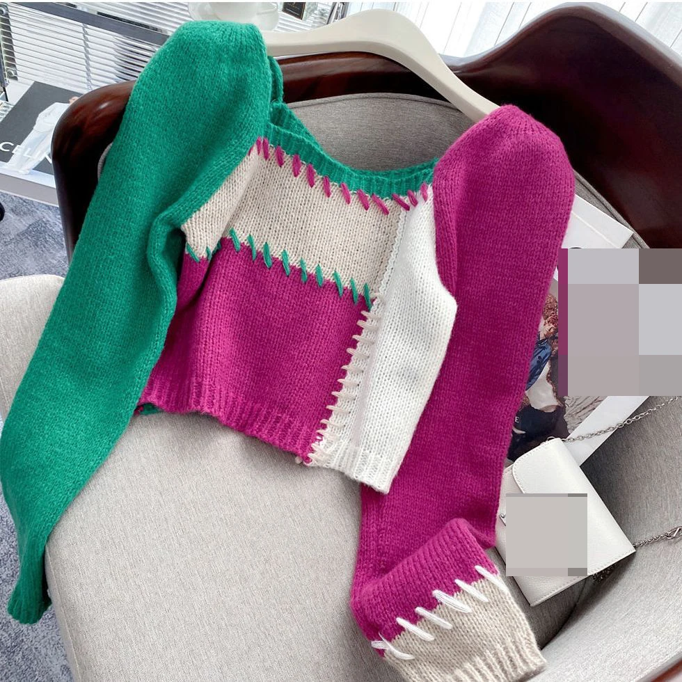 Color Contrast Splice Square Neck Sweater 2022 New Fashion Slim Short Undercoat Chic Autumn Winter O-Neck  vintage