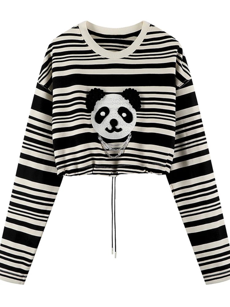 

Cartoon Bear Striped T Shirts Chain Draw String Preppy Style Cute Long Sleeve Crop Tops Spring Autumn Contrast Color Camisetas