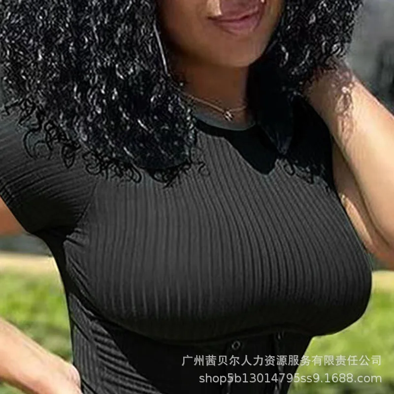 Women's Playsuits Summer Sexy Solid Color Slim Playsuits Women's Fashion High Waist Short Sleeve Round Neck Straight Playsuits
