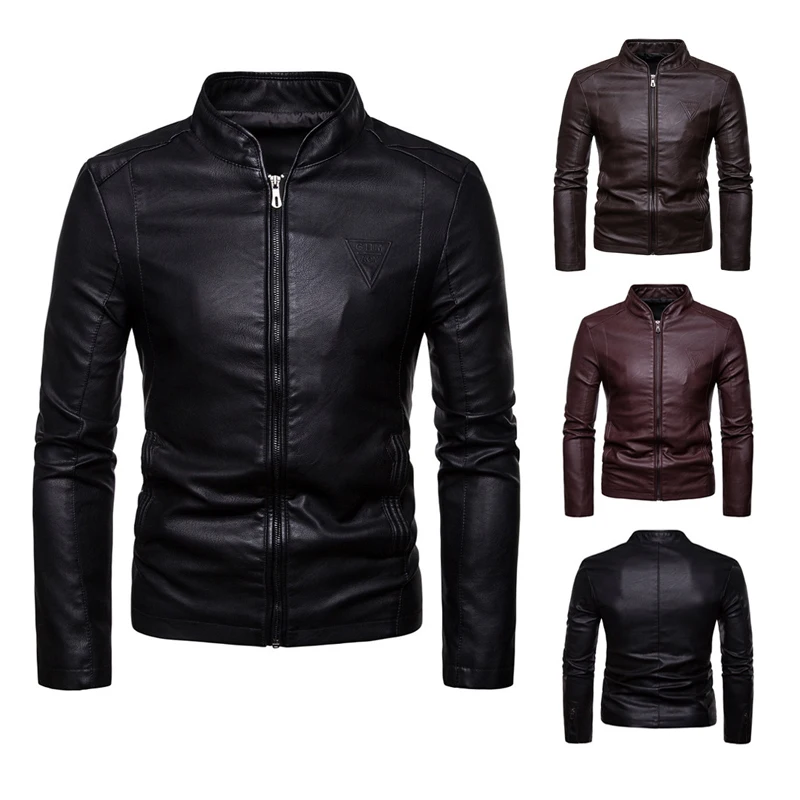 Мужская кожаная куртка из ПУ кожи с воротником-стойкой