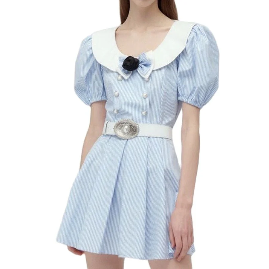 

Shipping 22 Summer New Free European Style Sweety bow striped bubble sleeve short style doll skirt casula women dress mini dress