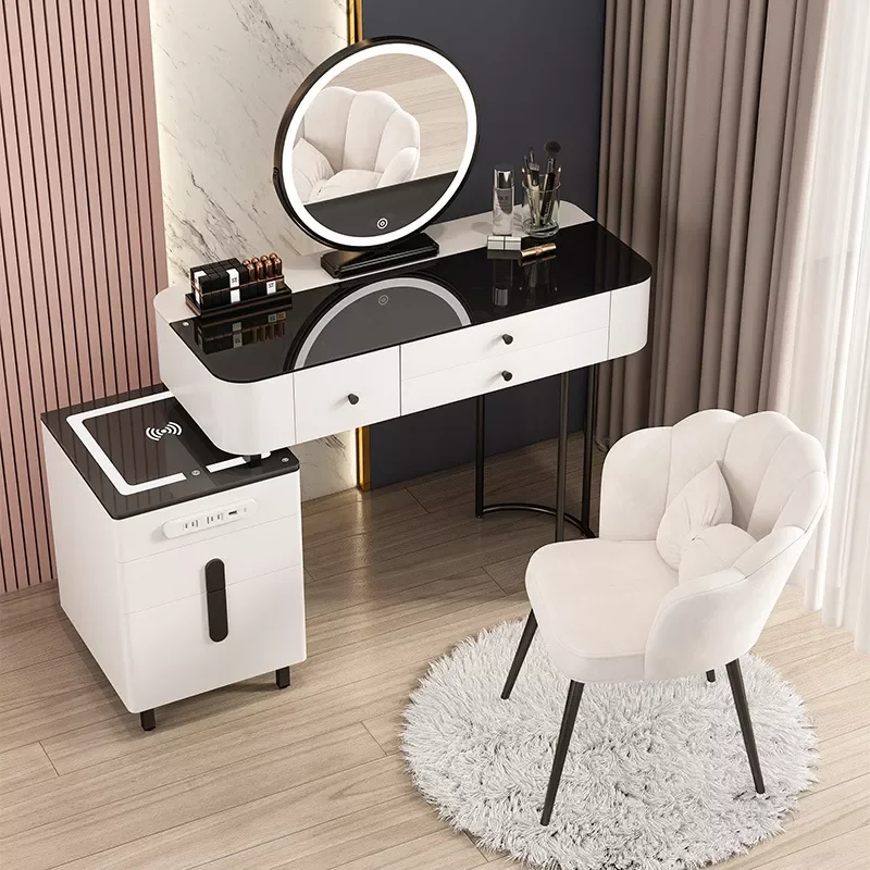 

Light Luxury Simple Slate Makeup Table Solid Wood LED Smart Mirror Storage Cabinet Integrated Makeup Table Bedroom Furniture