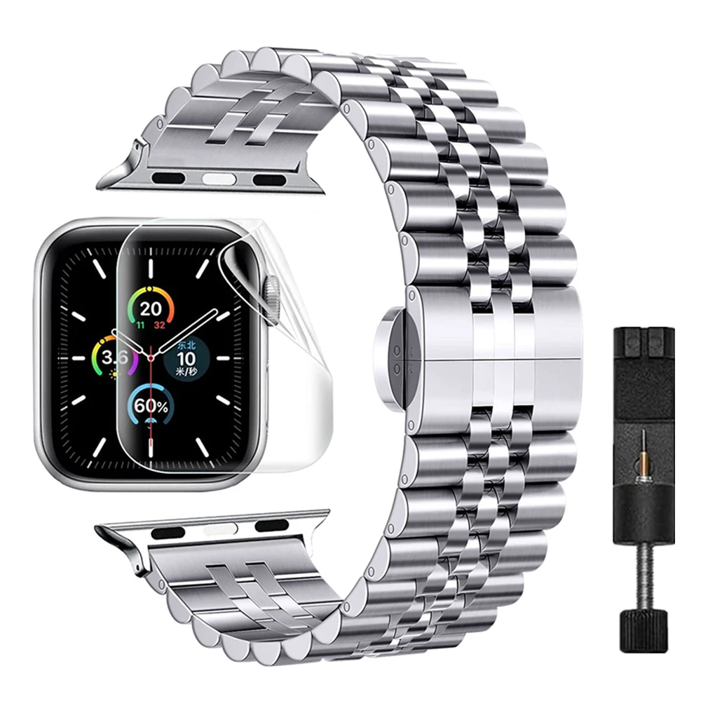 

Film Screen Protector for Apple Watch Band 45mm 44mm 42mm 41mm 40mm 38mm Steel Metal Bracelet for iWatch SE 7 6 5 4 3 2 1 Strap
