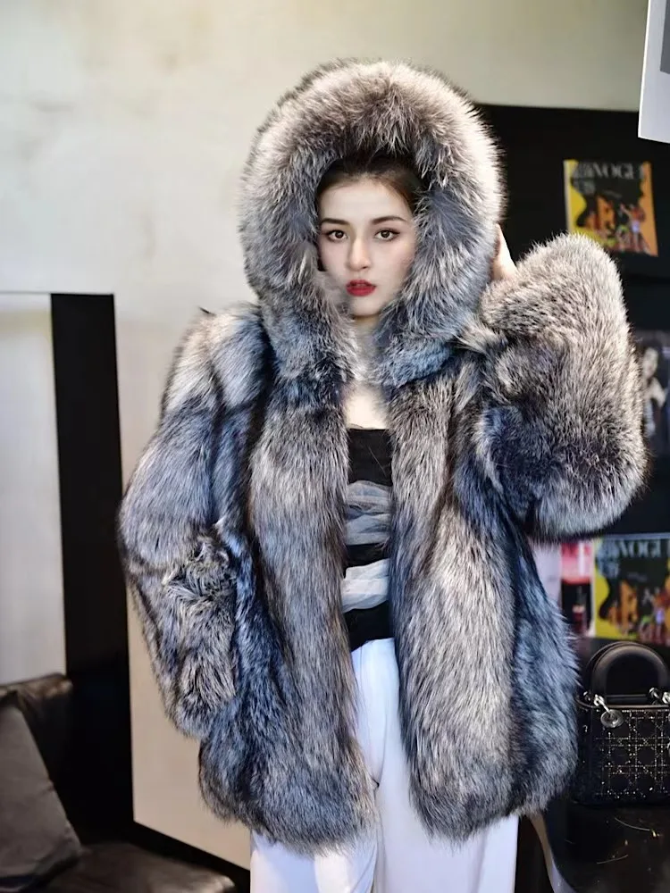 Whole leather hooded imported red blue silver fox fur young medium and long fur coat women 2022 winter can be customized