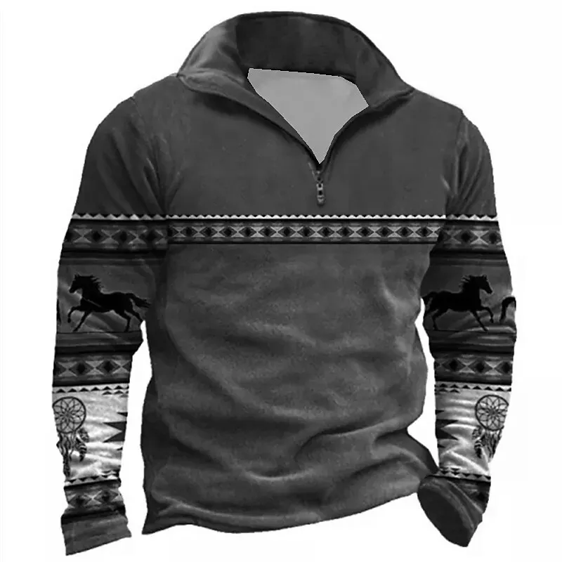 

Vintage Zippered Sweater For Men 3d Totem Printed Loose Oversized Tops Tee Autumn Outdoor Sportswear High-Quality Men's Clothing