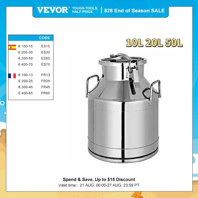 Vevor 10L 20L 50L Milk Jug Pail Can SStainless Steel Cow Milk Bucket for Oil Wine Water Soup and Oatmeal Storage Transportation
