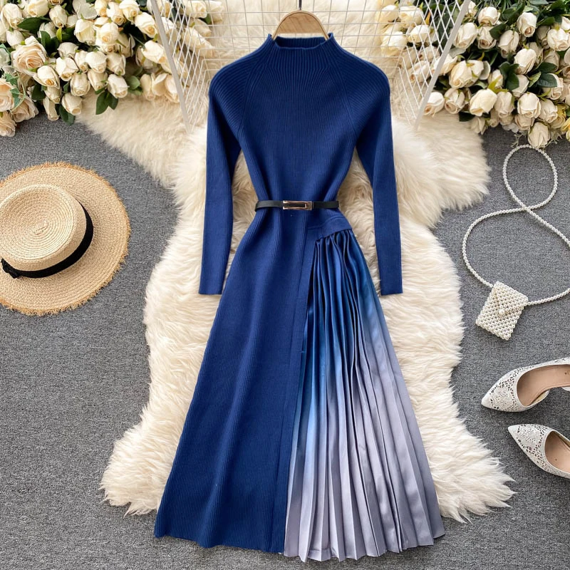 

Knitted Dress Spring and Autumn 2022 New Design Feeling Gradually Changing Color Crimping and Large Swing Stitching Temperament