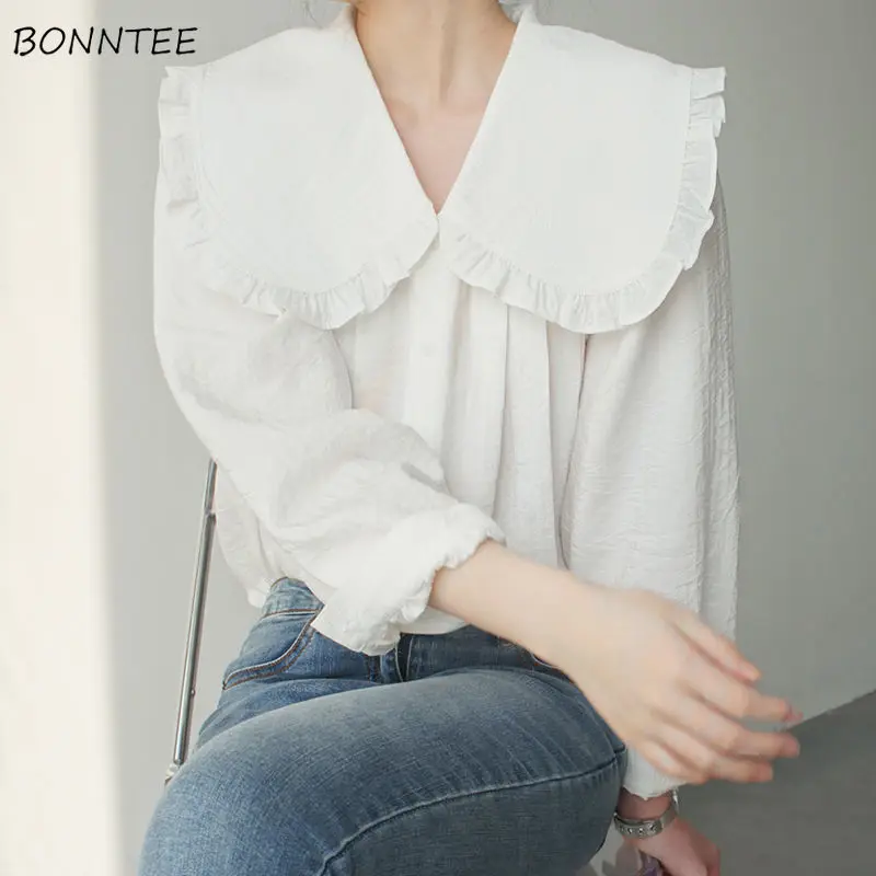 

Shirts Women Soft Lady Solid Cute Schoolgirl Peter Pan Collar Tender Loose Design Preppy Style Holiday Inside Street Wear Blusas