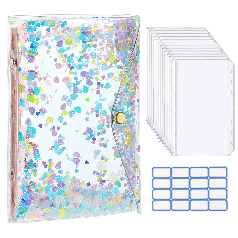 

Budget Binder with Zipper Envelopes,Sparkling Pearlescent Quicksand Shells A6 Ring Cover, Clear PVC Looseleaf Folder