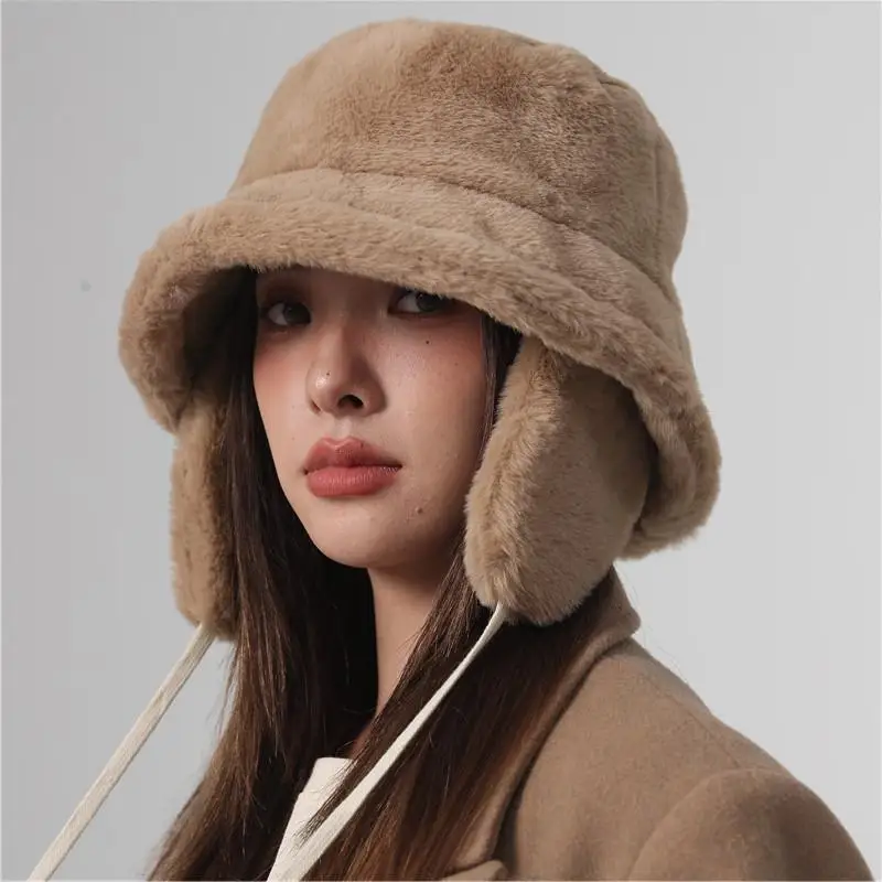 

Winter Warm Bucket Hats Women Faux Fur Ear Protection Fisherman Hats Outdoor Bucket Plush Lace-up Panama Hat Thickened Cap