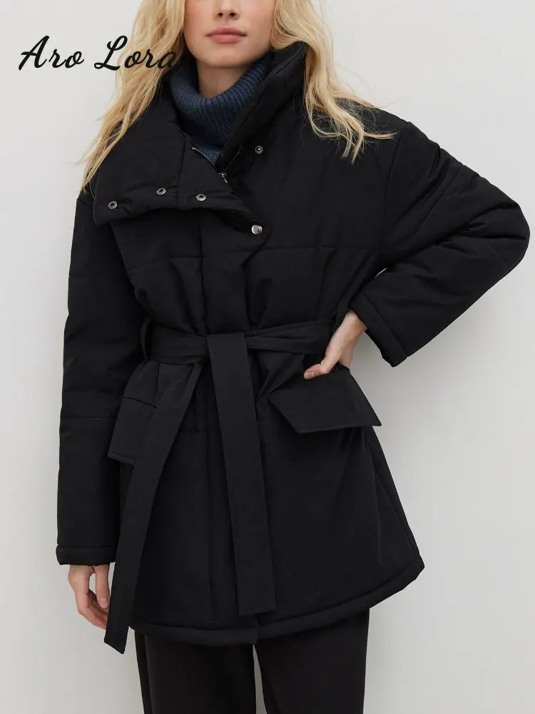Women's Winter Stand Collar Parkas Tie Waist Coats for Women Casual Solid Puffer Jackets Female 2022 Warm Down Jacket Streetwear
