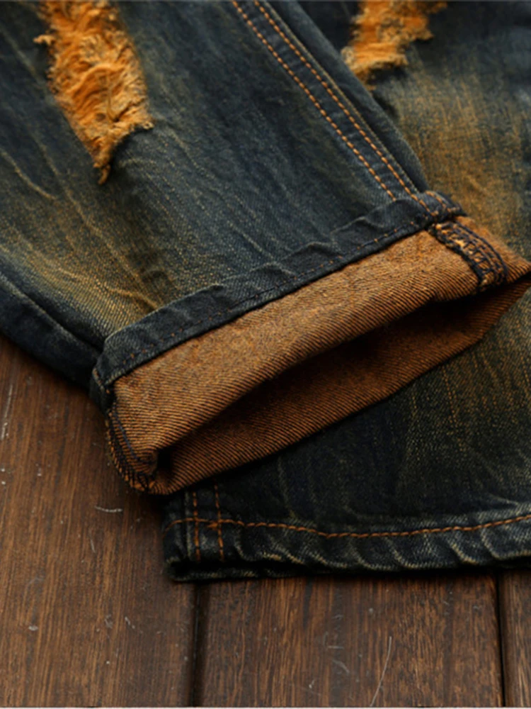 American Street Men's Straight Jeans College Students Casual Qyality Retro Blue Cotton Pants Style Hole Design Denim Trousers