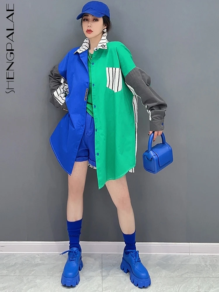 

SHENGPALAE korean Fashion lapel Color-block Shirts for women Patchwork chic blouses Y2k Clothing Female 2023 Spring Summer R1416