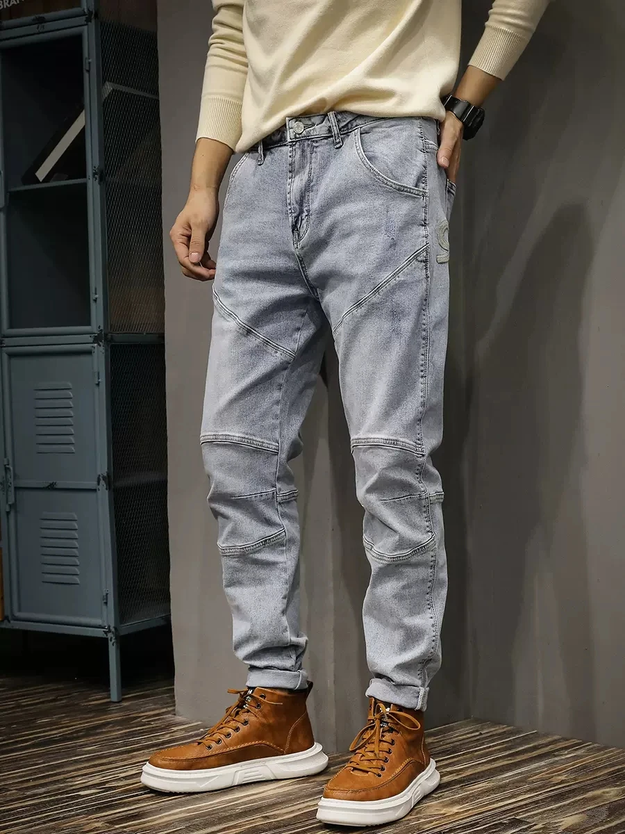 Streetwear Fashion Men Jeans Retro Light Blue Stretch Slim Spliced Biker Jeans Homme Hip Hop Pants Men Elastic Vintage Trousers