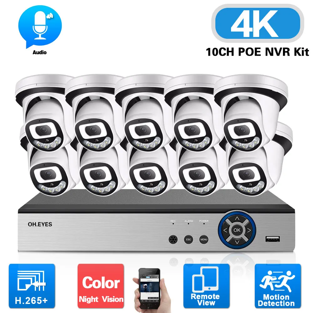 

H.265 10CH 4K POE NVR Kit 8MP 8CH CCTV Security System Audio Record Color Night Home IP Dome Camera Video Surveillance Kit xmeye