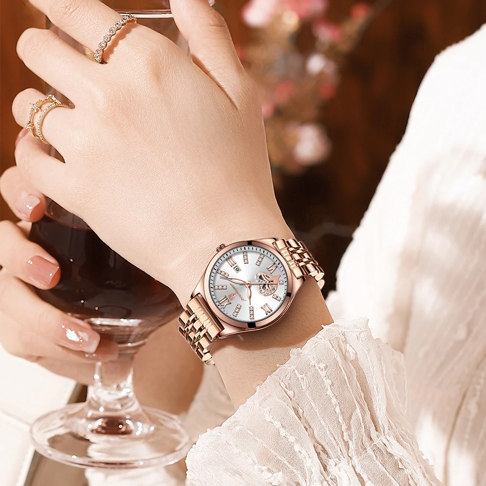 POEDAGAR Jam Tangan Wanita Jam Tangan Wanita Modis Rose Gold Baja Tahan Karat Jam Tangan QUARTZ Tahan Air Hadiah Pacar Romatic