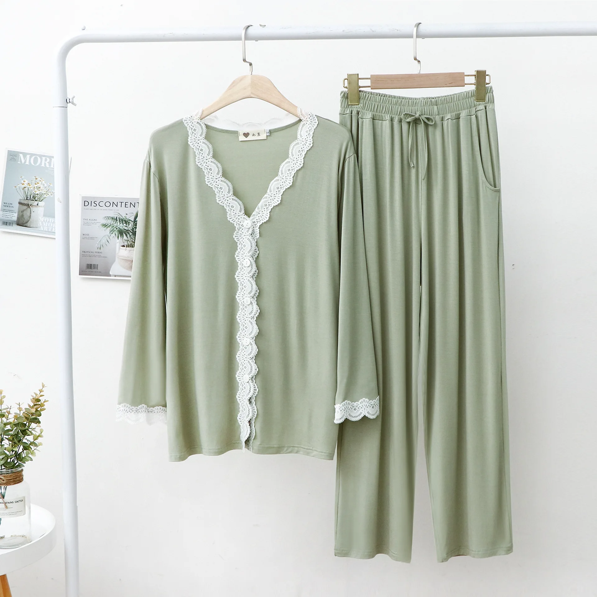 Lace Women Pajamas V Neck Cardigan Trousers Modal Show Temperament Simple and Stylish Soft Comfortable Tracksuit