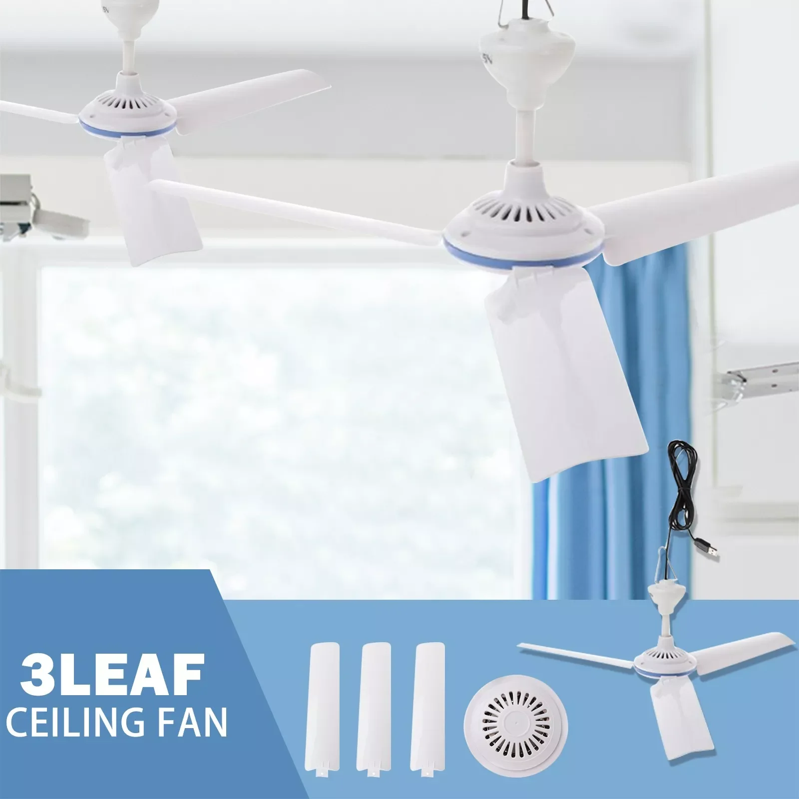 Portable Ceiling Fan Silent 3-blade Usb Powered Plastic Energy Saving Mini Ceiling Fan Hanging Fan For Camping Bed Dormito#g4