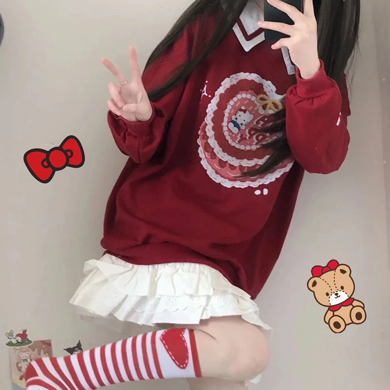 

Kawaii Cartoon Sanrio Hello Kitty Plush Hoodie Clothes Cute Beauty Fashion Spring Autumn Soft Loose Navy Collar Hoodie Clothing