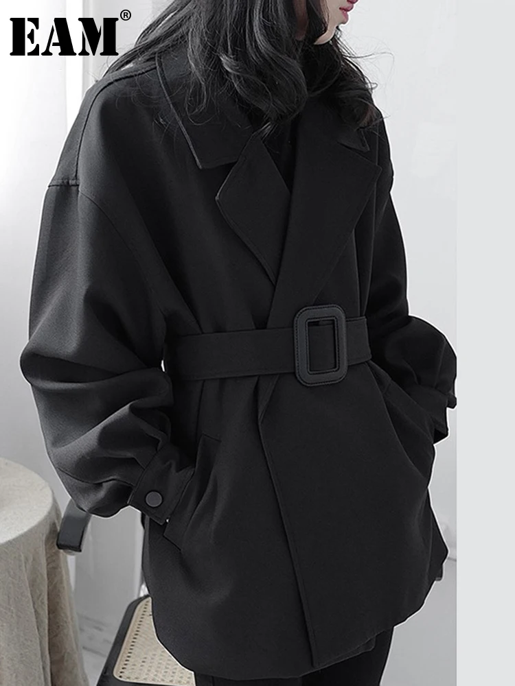

[EAM] Women Black Adjustable Belt Trench New Lapel Long Sleeve Loose Fit Windbreaker Fashion Tide Spring Autumn 2022 1DD1118