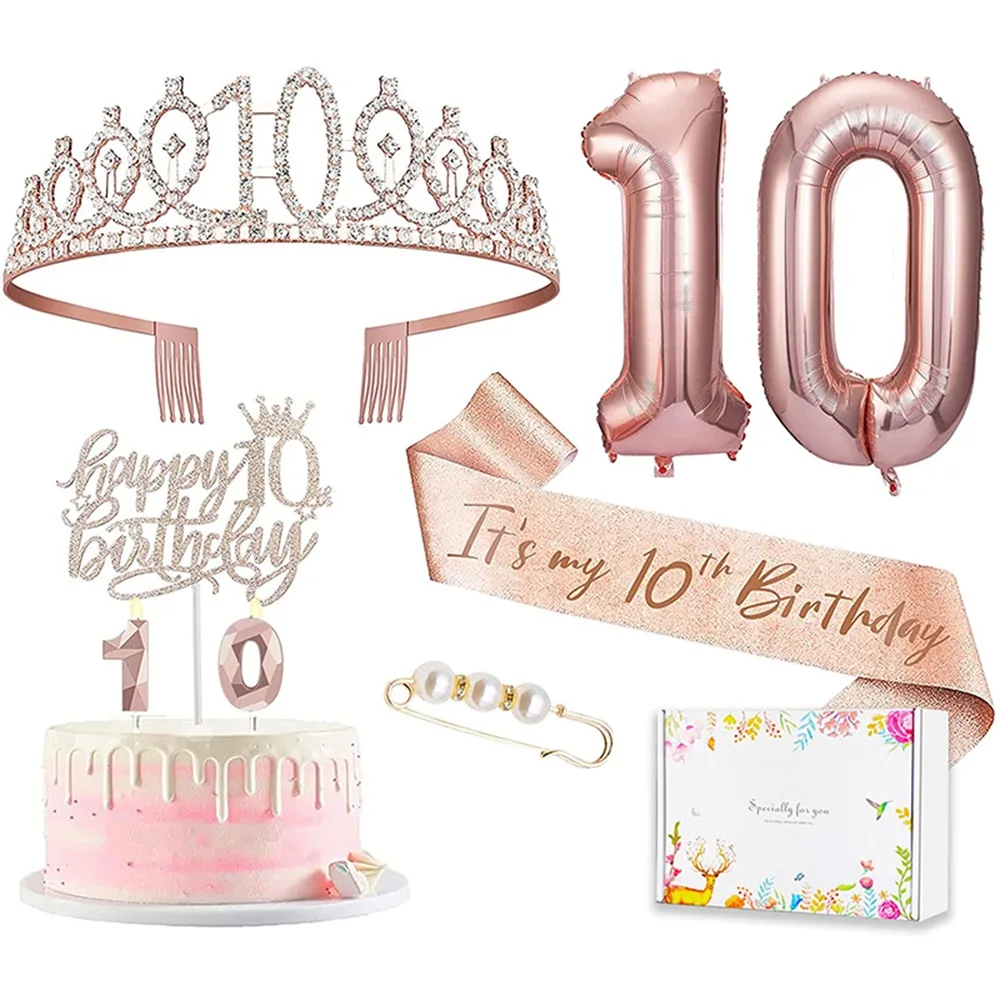 

8pcs Happy 10 Birthday Party Decorations Crown Candle Cake Decor 10th Years Old Tenth Girl Supplies Anniversary Rose Gold