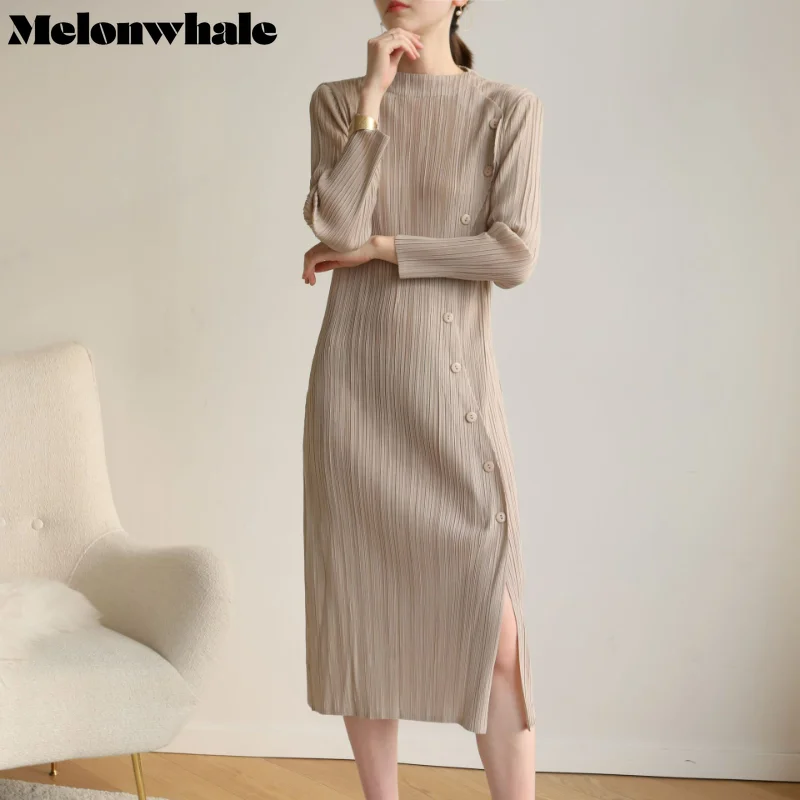 MelonWhale Long Pleated Dress Long Sleeve Multi-button Fold High Waist Stand Collar Women's Fashion Clothing 2023 Spring Summer
