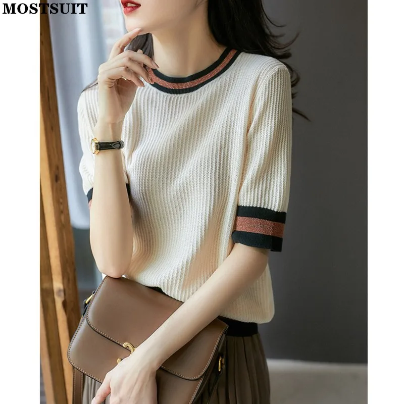 

Summer Striped Patchwork Knitted Pullover T-shirts Women Short Sleeve O-neck Thin Knit Tops Knitwear Casual Fashion Loose Jumper