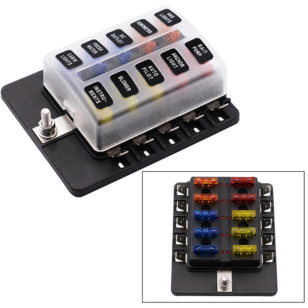 

12-32V PC Terminal Block Car RV 1 In 10 Out Fuse Box with Fuse Box (Black)