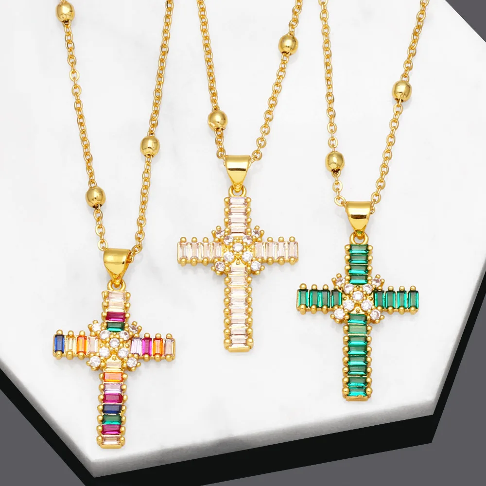 

Andralyn Spiritual fashioninsWind fashion micro inlay colorful zircon geometric cross pendant necklace for women Wholesale