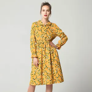 Женское вельветовое платье с цветочным принтом, с воротником и длинным рукавом, с оборками, с высокой эластичной талией, для осени и зимы