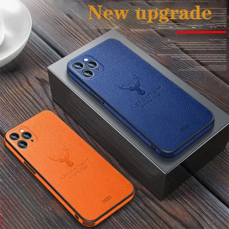 

Luxury Leather Texture Square Frame Case on For iPhone 12 11 Pro Max Mini iPhone X XR XS Deer Camera Protective Shockproof Cover