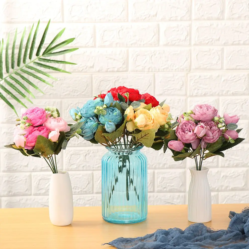 

30cm 9 head Vase Vintage DIY Decor Wedding Silk Peony Rose bouquet Artificial Flowers Party Decoration